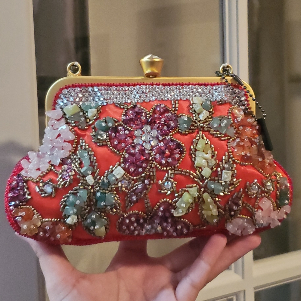NWT Yilin Natural Multi Gemstone Red Silk Clutch Purse
